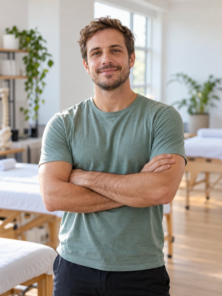Gustavo Ramos, fisioterapeuta, em pé na sala de atendimento
