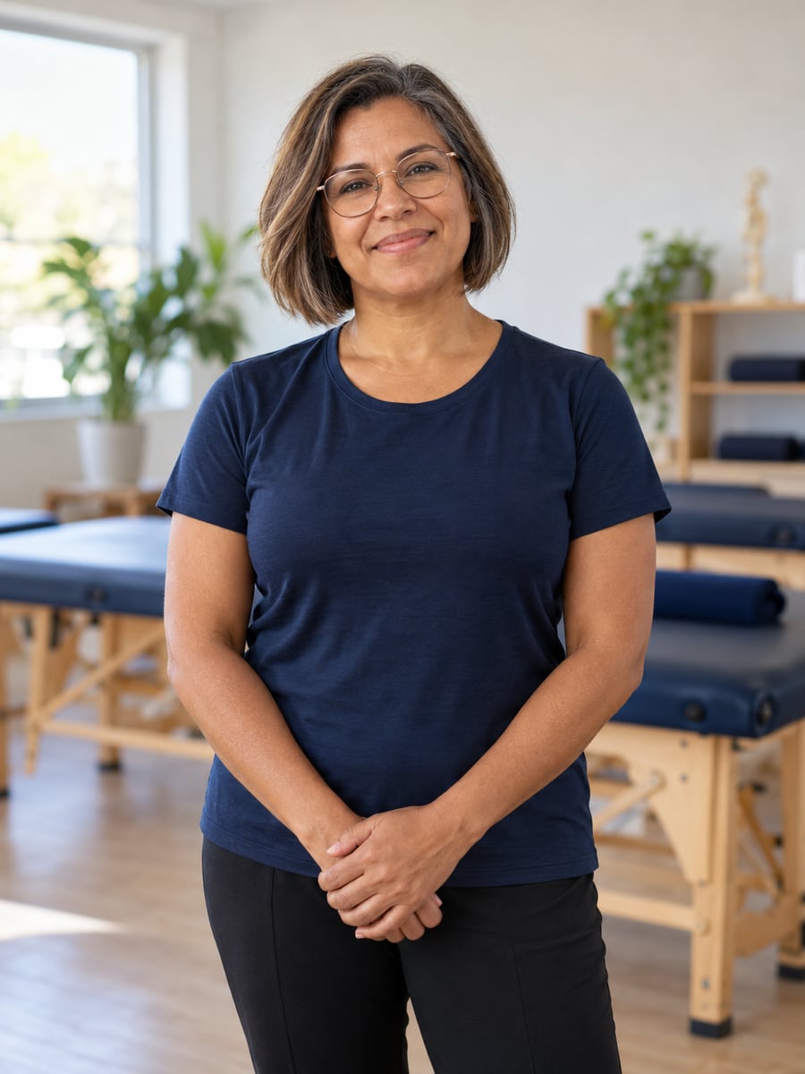 Fernanda Lopes, massoterapeuta, em pé ao lado de uma maca