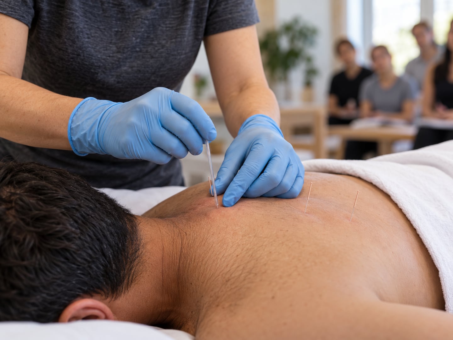 Fisioterapeuta de luvas aplicando agulha fina na lombar de um paciente